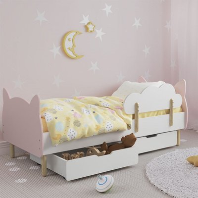 Детская кровать (Котик) цвет розовый с бортиком (облачко) и ящиками 1232 фото
