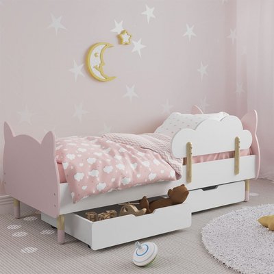Детская кровать (Котик) цвет розовый с бортиком (облачко) и ящиками 1231 фото