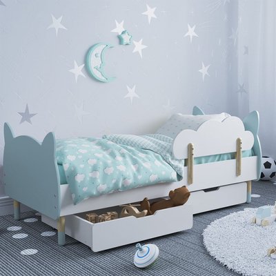 Детская кровать (Котик) цвет голубой с бортиком и ящиками 1230 фото