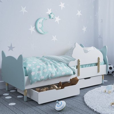 Детская кровать (Котик) цвет голубой с бортиком (котик) и ящиками 1228 фото