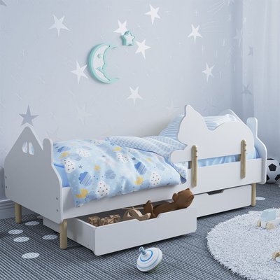 Детская кровать (Домик) цвет белый с бортиком (котик) и ящиками 1240 фото