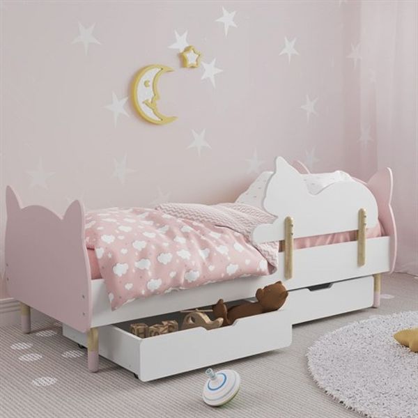 Дитяче ліжко (Котик) колір рожевий з бортиком (котик) та ящиками 123981 фото
