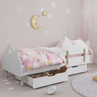 Детская кровать (Домик) цвет белый с бортиком (Котик) и ящиками 1243 фото