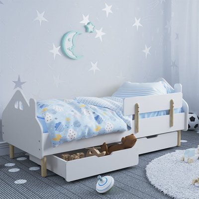 Детская кровать (Домик) цвет белый с бортиком (классика) и ящиками 1241 фото
