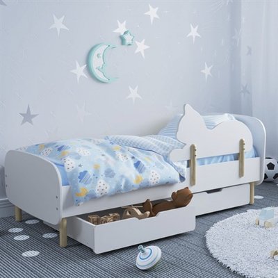 Детская кроватка (Классика) цвет белый с бортиком (котик) и ящиками 2729361 фото