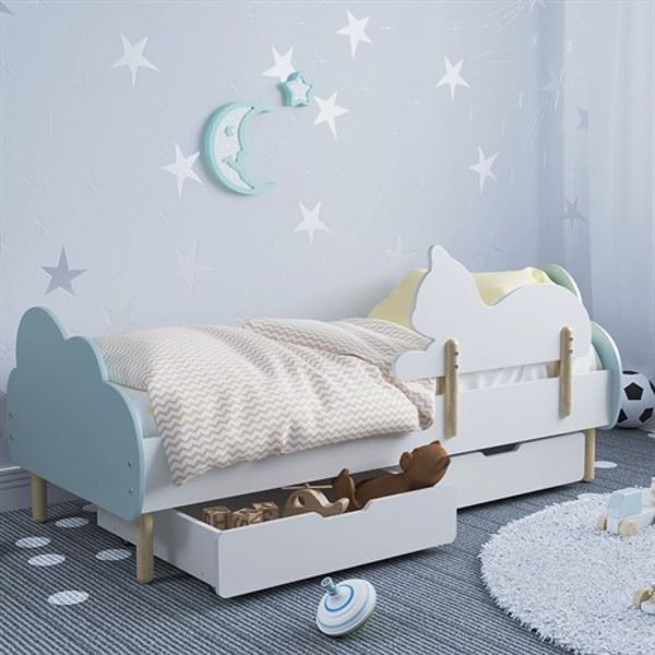 Дитяче ліжко (Хмаринка) колір блакитний з бортиком (котик) та ящиками 1235676 фото