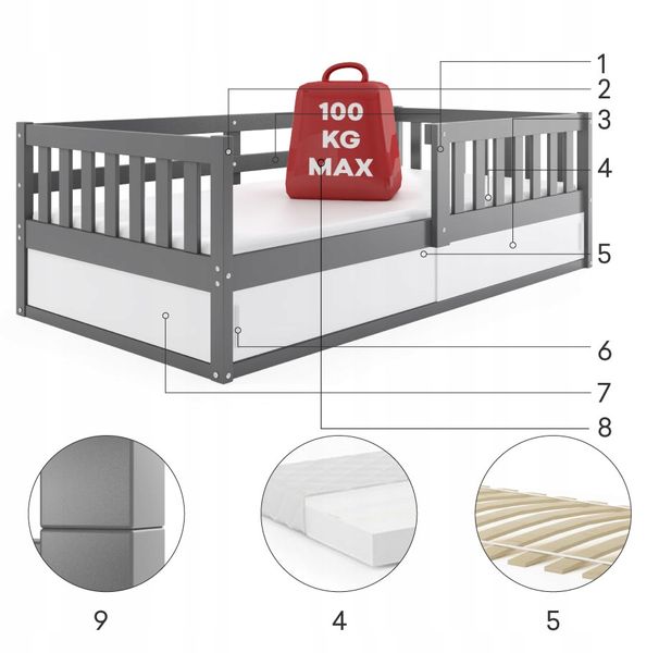 Дитяче дерев'яне ліжко колір сірий+білий 164,5 x 86 см + матрац 79612079 фото
